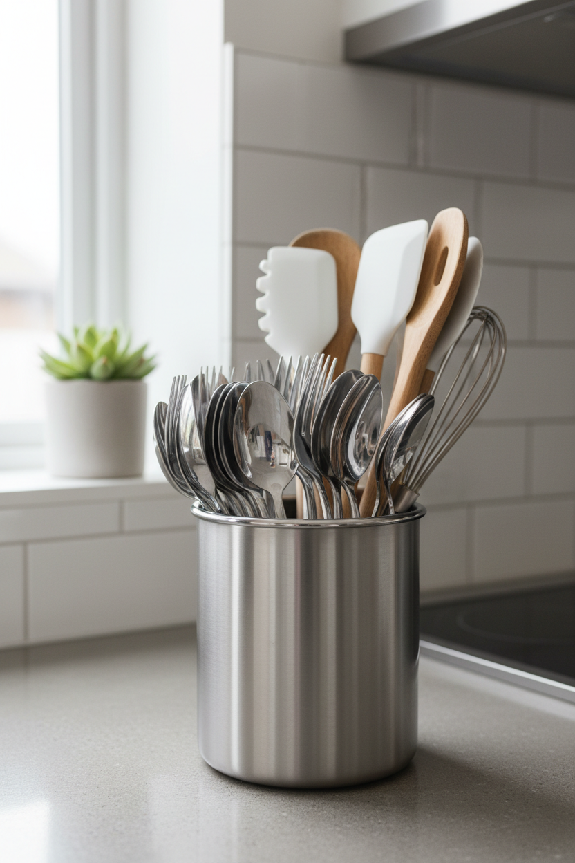 Stainless steel cutlery holder kitchen organizer lifestyle